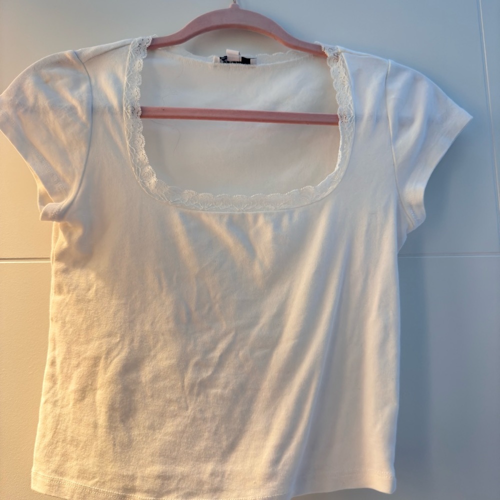 White Short Sleeve Women's Top with lace trim